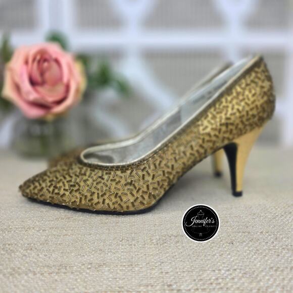 Dyeables Private Collection Vintage Gold Zazzle Mesh Beaded Pumps/Heels Size 7B - Picture 4 of 15